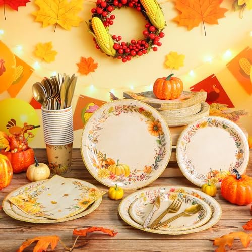 Honeydak 210 Pcs Fall Party Supplies for 30 Guests, Includes Plates, Cups, Napkins, Cutlery - Autumn Pumpkin Maple Tableware Decoration for Thanksgiving, Fall Harvest Party - Image 2