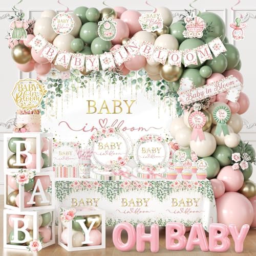 Floral Baby In Bloom Baby Shower Decorations,283pcs Spring Baby Shower Decorations Plates and Napkins Cups Banner Backdrop Tablecloth Cake Topper Balloon for Wildflower Baby In Bloom Shower Supplies by Lenyunge