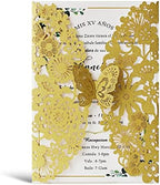 Hosmsua 5.12 x 7.3 Inch 50PCS Gold Laser Cut Lace Flora Butterfly Quinceanera Invitation Cards and Envelopes Customized Printed Invitations for Quinceañera Wedding Invite (Gold Glitter) by Hosmsua