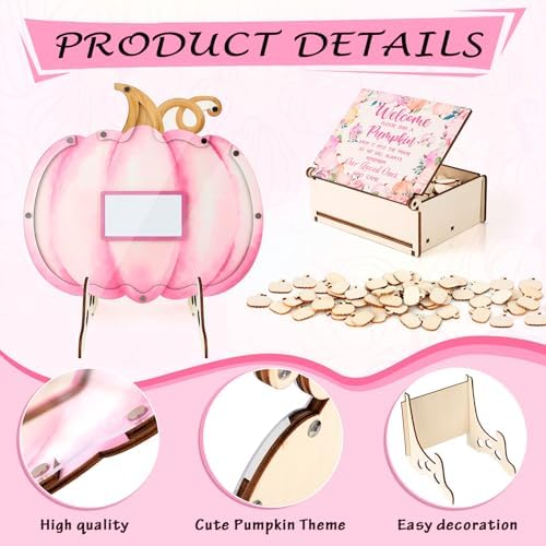 YLOLUL 62 Pcs Pumpkin Baby Shower Guest Book Alternatives Set Fall Baby Shower Guestbook Photo Frame with Wood Pumpkin Slices Rustic Guest Book Alternative for Baby Boy Birthday Party (Pink) - Image 3