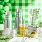 Sliner 50 Sets 16oz Sage Green Gingham Party Plastic Cups - Image 4