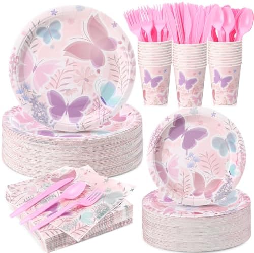 Ziliny 350 Pcs Butterfly Party Supplies Tableware Set Disposable 9'' 7'' Paper Plates 9 oz Cups Cutlery Napkins Dinnerware Set for 1st Birthday, Serve 50 (Butterfly, Purple, Pink) by Ziliny