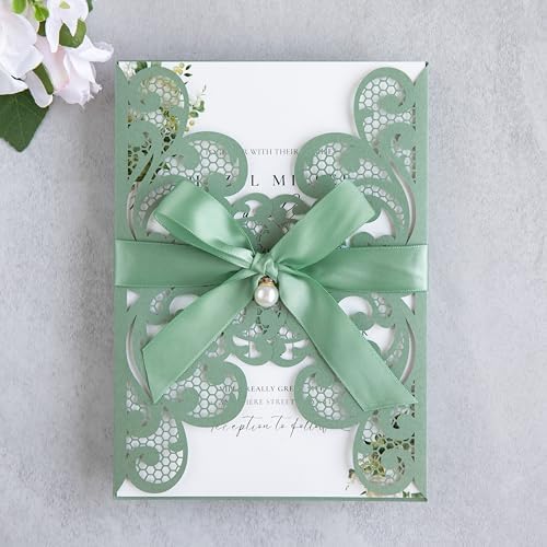 20Pcs Sage Green Laser Cut Wedding Invitation Cards With Envelopes by FEIYI