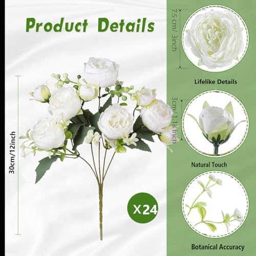 Peonies Artificial Flowers Bouquet, Lifelike Silk Fake Peonies with Stems for Home Table Centerpieces, Wedding, Party & DIY Bridal Floral Arrangements (24, White) - Image 6