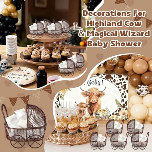 Threehoney 12 Pcs Baby Shower Mini Carriage Decoration Brown Highland Cow Color Metal Wired Fillable Candy Stroller Baby Shower Table Centerpiece for Guest Gender Reveal Wedding Party Favor Gift - Image 5