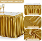 Wish Care 21ft Gold Satin Table Skirt for Rectangle Tables Wrinkle Free Teacher Desk Skirt Glitter Ruffle Table Skirting Cloth for Back to School Classroom Office Cocktail Birthday Party Table Decor - Image 4