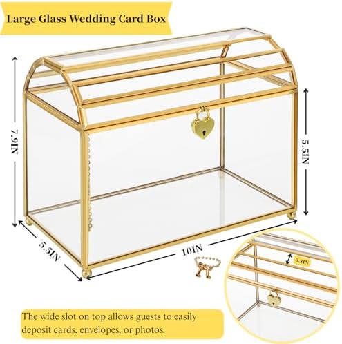 Cedilis Glass Wedding Card Box with Slot and Lock, 10 x 7.9 x 5.5 Inches Gold Clear Decorative Wedding Envelope Card Holder for Reception Birthdays Party, Bridal Shower, Graduation - Image 2