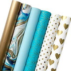 Jillson & Roberts All Occasion Geo Graphics Wrapping Paper Roll Bundle - Gold, Silver, Aqua, Turquoise, Baby Blue, Marble, Champagne (12.5 sq ft per roll, 75 Total Sq Ft) for Birthdays, Weddings, Valentine's Day, Graduations & Bridal Showers, 6 Pack by JILLSONROBERTS