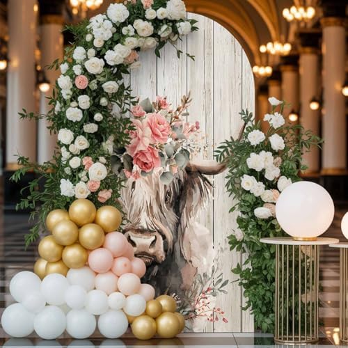 Highland Cows Arch Backdrop Cover 6.6 FT, Abstract Animal Pink Flower Brown Wood Grain Wedding Arch Cover Stretchy Backdrop Stands Covers for Birthday Party Ceremony Banquet Decor - Image 4