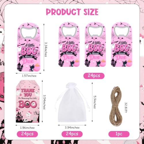 24 Sets Halloween Bottle Openers Baby Shower Party Favors, Pink Black Bottle Opener Keychain Set with Thank You Tags Organza Bags for A Little Boo Is Almost Due Party Guest Gifts Decor - Image 6
