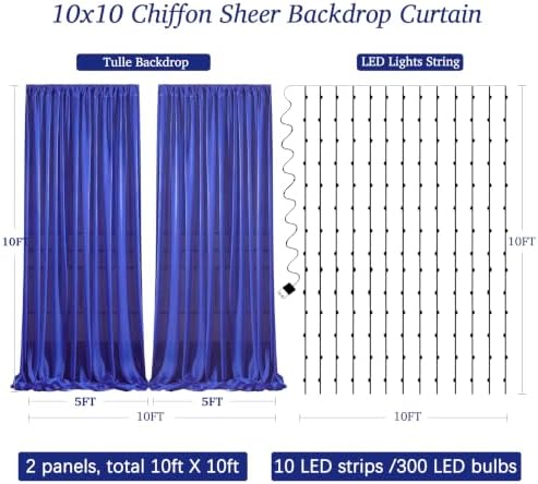 10ft x 10ft Royal Blue Chiffon Backdrop Curtain with Lights String for Parties,2 Panels Sheer Tulle Curtain Wedding Backdrop for Baby Shower Birthday Party Ceremony Reception Home Decorations - Image 7