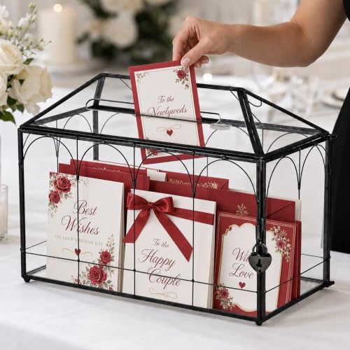 Glass Card Box with Slot, 12.6" x 5.9" x 9" Large Black Clear Card Boxes for Wedding Receptions, Christmas Decor, Baby Shower, Birthday Party, Bridal Shower - Slot Length 7.1 Inches - Image 3