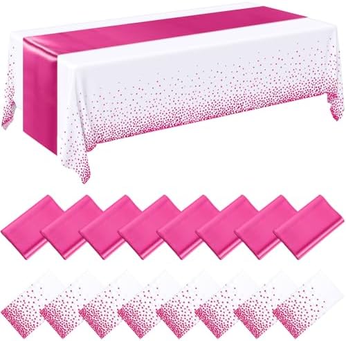 Tudomro 16 Pack White and Hot Pink Plastic Tablecloths Satin Runner Set by Tudomro