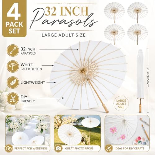 Koyal Wholesale 4Pcs White Parasol Umbrella 32” White Paper Umbrella for Wedding Paper Parasol Umbrella for Sun Bridal Party Chinese Japanese Parasol DIY Craft Arts - Image 3