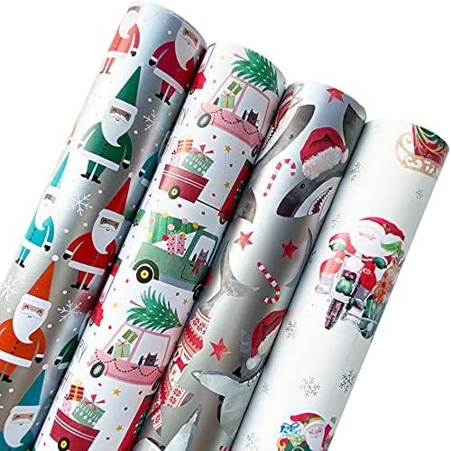 Jillson Roberts Kids Christmas Wrapping Paper Roll Bundle (25 sq ft per roll, 100 Total Sq Ft) Out for Delivery, Bright Santa, Christmas Cats in Cars, Christmas Shark, 4 Pack by JillsonRoberts