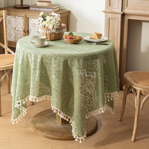 Sage Green Boho Floral Crochet Lace Tablecloth Square 60 x 60 Inch by Chorowl