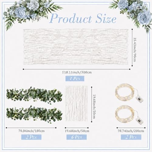 Cinrobiye 11pcs Cheesecloth Table Runner Set 120 Inch – Gauze Table Runner with Napkins, Eucalyptus Garland & String Lights for Wedding Baby Shower Table Decor, Rustic Boho - Image 2