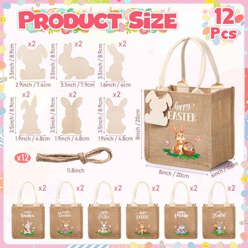 Sweetude 12 Pack Easter Bunny Burlap Bags with Tags Easter Reusable Treat Bags with Handles Jute Linen Tote Candy Gift Wrapping for Spring Party Favors Supplies (Cute) - Image 2