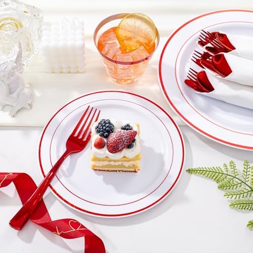 WELLIFE 210 Piece Red Plastic Dinnerware Set, Disposable Plates for Party,Include: 30 Dinner Plates, 30 Dessert Plates, 30 Pre Rolled Napkins with Gold Silverware and 30 Gold Cups - Image 3