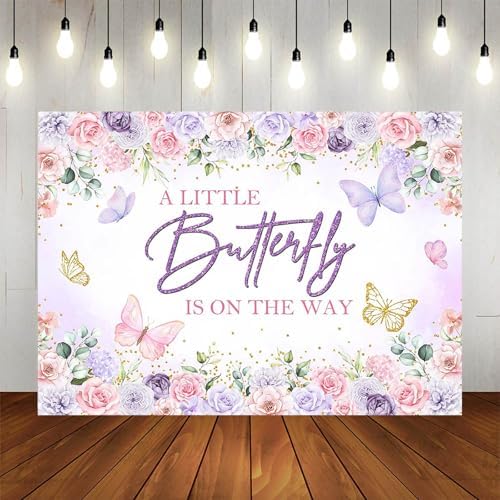 Butterfly Baby Shower Backdrop A Little Butterfly is On Her Way Photography Background Party Decorations Purple and Pink Floral Baby Shower Banner Photo Booth Props (8x6ft) - Image 5