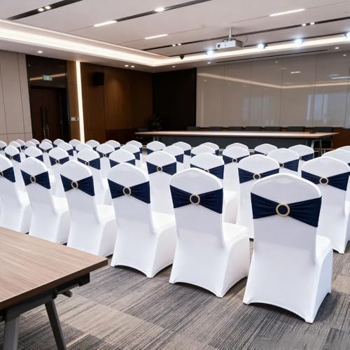 50 Pack Navy Blue Chair Sashes with Gold Buckle Slider, Spandex Dark Blue Bands Bows for Folding Chairs Gender Reveal Banquet Décor - Image 3