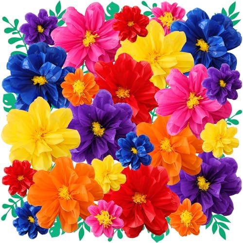 Geyee 80 Pcs Mexican Giant Paper Flowers Leaves Set, 48 Pcs Large Mexico Tissue Paper Flowers and 32 Green Leaves for Mexican Party Wedding Archway Fiesta Birthday Decoration 20" 10'' by Geyee
