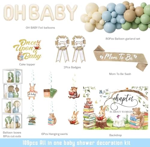 Party Inspo A New Chapter Begins Baby Shower Decorations – 109 PCs A New Chapter Baby Shower Theme Party Supplies with Backdrop, Balloon Garland, Cake Topper, Balloon Boxes - Image 2