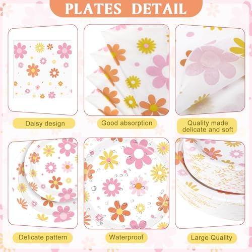 Funnymoom 452 Pcs Groovy Daisy Party Decorations for 50 Guest, Boho Daisy Paper Plates Cups Napkins Tablecloth Cutlery Straws Hippie Tableware Set for Retro Hippie Birthday Baby Shower Party Supplies - Image 2