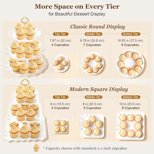 Lzerking Dessert Table Display Set 13PCS, 3-Tier Cupcake Stand Set with Metal Gold Rods, 3 Round & 3 Square Dessert Stands, 4 Serving Trays & 3 Tongs for Wedding Birthday Baby Shower Party Decor - Image 4