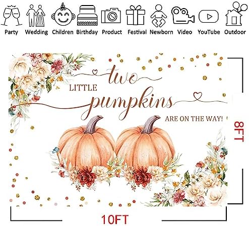 Hilioens 10×8ft Pumpkin Twins Baby Shower Backdrop Autumn Two Little Pumpkins are On The Way Fall Gender Reveal Photography Background Fall Floral Gold Dots Party Banner Decorations - Image 2