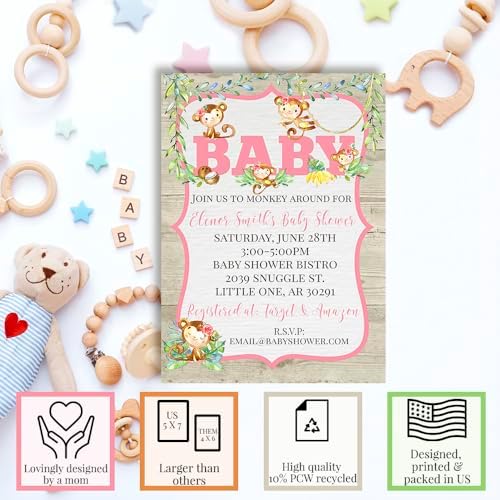 Amanda Creation Custom Baby Shower Invites Baby Girl Monkey Baby Shower Invitations 20 5x7 Custom Personalized Invitations With Envelopes - Image 2