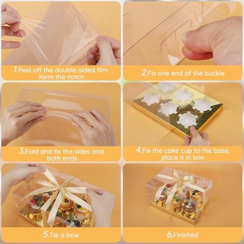 EUSOAR Cupcake Containers, 18 Pack Gold Cupcake Boxes Dessert Cookies Muffins Pastry Carrier 6 Count, Rectangle Bakery Cake Containers Assembly Plastic Holder for Wedding Birthday Party Favor Gifts - Image 4