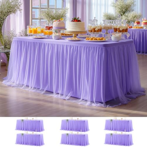 Wish Care 6 Pack Lavender Tulle Tablecloth for 6 Foot Rectangle Tables Stretch Fitted Rectangular Table Cloths Purple Wrinkle Free Ruffle Table Cover Tutu Skirt for Wedding Birthday Party Baby Shower by WishCare