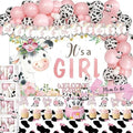 Cow Baby Shower Decorations for Girl, Fiesec Pink Farm Cow Themed Baby Shower Decorations Backdrop Balloon Garland Welcome Baby Banner Tablecloth Cake Topper Box Cutout Mom To Be Sash by Fiesec