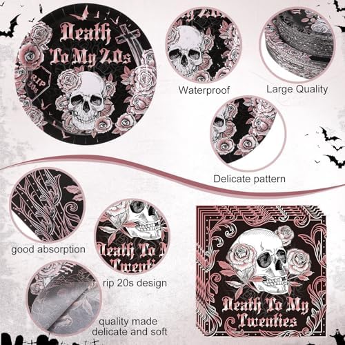 Funnymoom 452 Pcs Death to My 20s Decoration for Her Serves 50, Black Rose Gold Rip 20s Paper Plates Napkins Cups Tablecloth Cutlery Straw for Women Death to My Twenties 30th Birthday Party Supplies - Image 2