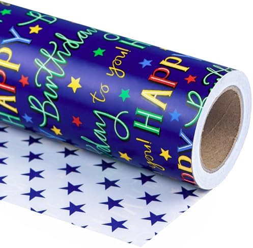 WRAPAHOLIC Jumbo Reversible Birthday Wrapping Paper - 30 Inch x 100 Feet Jumbo Roll - Colorful Happy Birthday Lettering and Stars Design for Bday Party, Baby Shower, Holiday by WRAPAHOLIC
