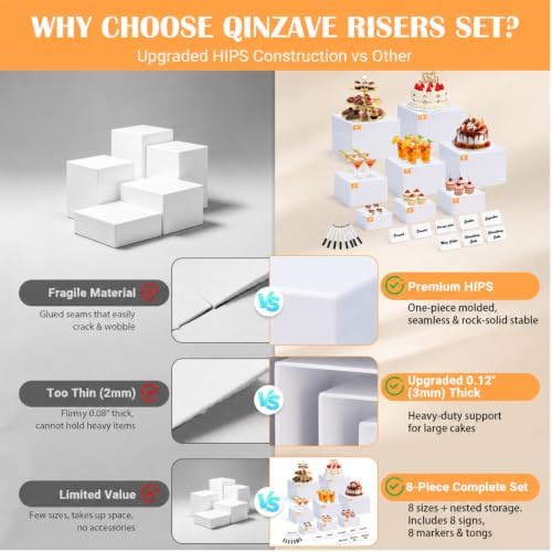 8 Pcs White Buffet Risers with Mini Signs, Nesting HIPS Food Display Stands - Image 3