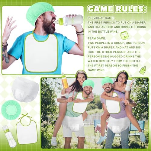 6 Sets Bottle Chug Baby Shower Games Juegos Para Plastic Baby Bottles Bibs Hat Disposable Diapers Gender Reveal Games Baby Changing Diaper Race Game Decoration (Green) - Image 5