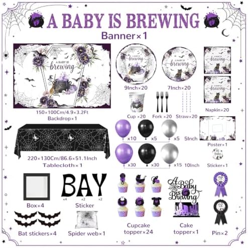 Halloween Baby Shower Decorations 265pcs A Baby Is Brewing Baby Shower Decorations Plates and Napkins Purple Watercolor Flower Coffin Vampire Bat Tableware for Halloween Baby Sprinkle Party Supplies - Image 5