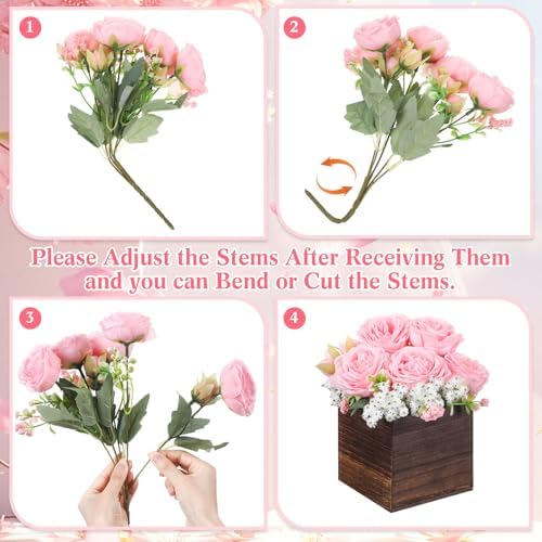 Suncalla 6 Sets Artificial Peonies Flower Centerpieces Wood Box, Light Pink - Image 2
