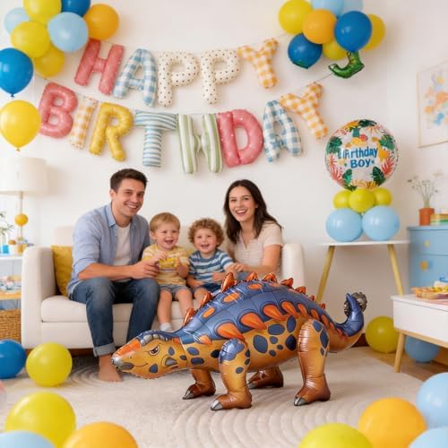 60 PCS Dinosaur Happy Birthday Foil Balloon Decoration Kit, T-Rex, Triceratops, Ankylosaurus Assembleable Inflatable Standing Mylar Balloons with Birthday Banner for Kids Boys Party Decor - Image 4