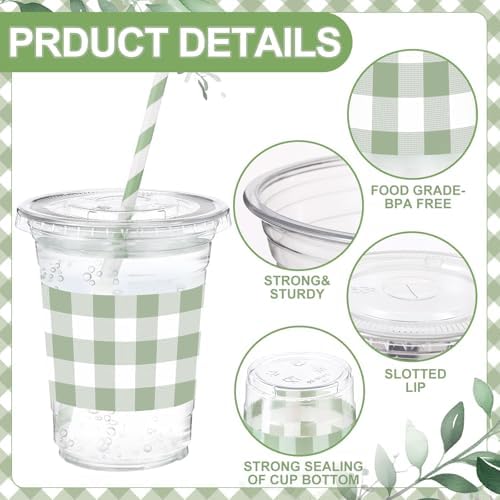 Sliner 50 Sets 16oz Sage Green Gingham Party Plastic Cups - Image 3