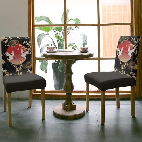 Cherry Blossom Dining Chair Covers Set of 6, Harmony Crane Red Moon Paper Fan Stretch Spandex Kitchen Chair Slipcovers Removable Washable, Parsons Protector for Wedding Party Living Room Baby Shower - Image 3