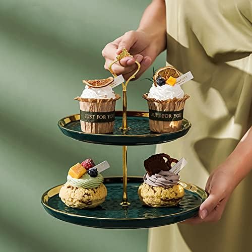 Tosnail Set of 2 Porcelain Cupcake Stand Ceramic Dessert Stand Tiered Serving Trays with Gold Rod, 3 Tiers and 2 Tiers Cake Stand Party Serving Trays Fruit Pastry Holders for Wedding and Party, Green - Image 5
