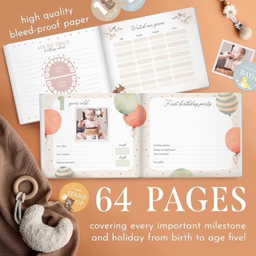 Baby Book Keepsake for New Born First 5 Years, Baby Memory Book with 24 Monthly Milestone Stickers, Memory Book & Baby Photo Album from Pregnancy to Age 5, Gender Neutral Gifts for Baby Shower - Image 3