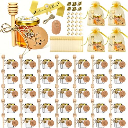 IIKUM 40 Pack Glass Honey Jars, 1.5 oz Honey Pot with Baby Shower Sash, Lids, Dippers, Bee Pendants, Gift Bags, Cards, Jute and Stickers-Ideal Honey Jars Set for Baby Shower, Wedding and Party Favors by IIKUM