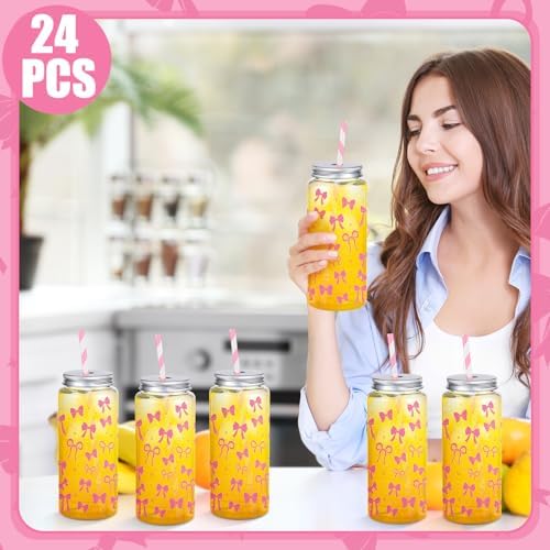 Chuangdi 24 Sets 14 oz Pink Bow Bottles with Straws Party Jars Metal Lids - Image 4