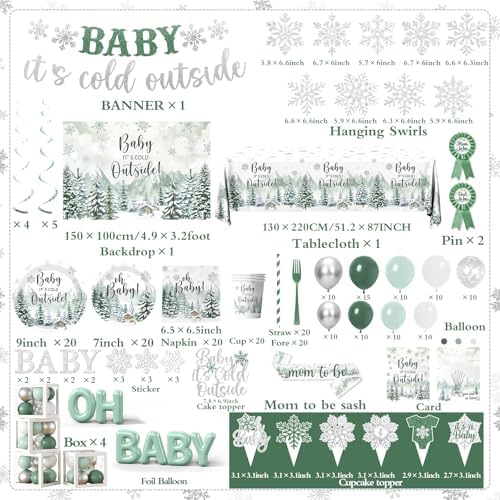 Winter Baby Shower Decorations, Green Baby It's Cold Outside Decor with Plates Napkins Tablecloth Balloon Cake Topper, Winter Wonderland Baby Shower Decorations Boy Girl for Holiday Christmas - Image 6