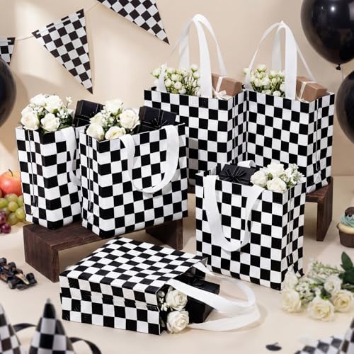 Lingvee 50 Pack Checkered Racing Gift Bag Bulk Black and White Checkered Flag Reusable Tote Bags with Handle Race Car Non Woven Candy Bags for Race Car Themed Birthday Party Decorations Supplies - Image 6