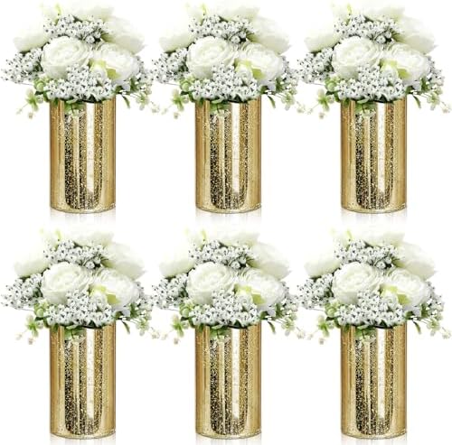 Suncalla 6 Sets Gold Cylinder Vases Artificial Peony Candle Holders, White by Unknown